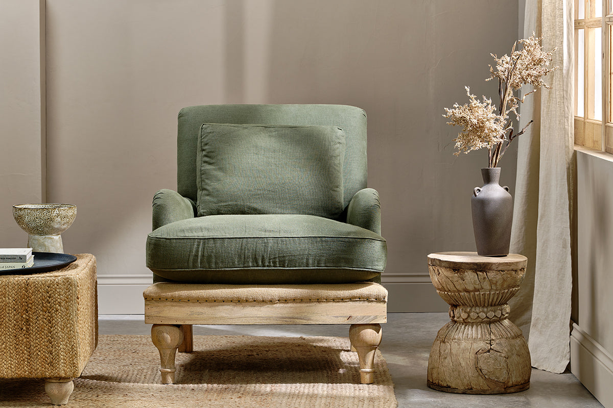 Abe Deconstructed Linen Armchair - Olive- nkuku