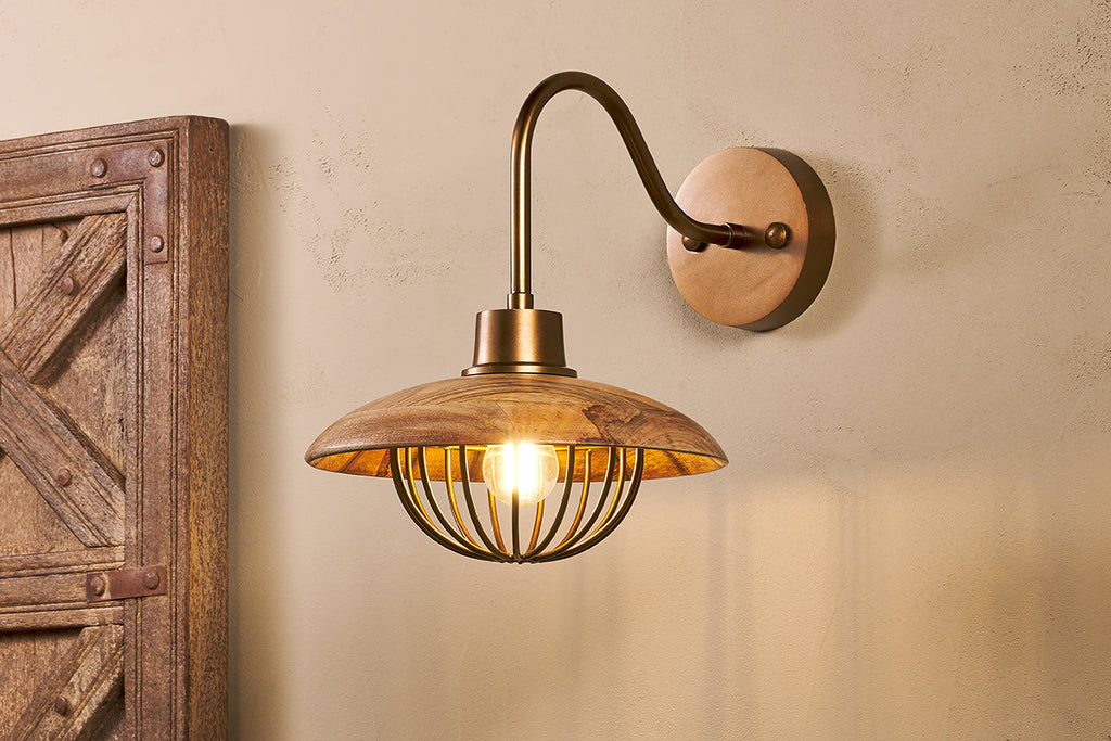 Chakai Mango Wood Wall Lamp - Natural & Antique Brass-nkuku