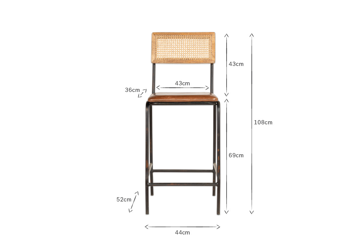 Iswa Leather & Cane Counter Chair - Aged Tan