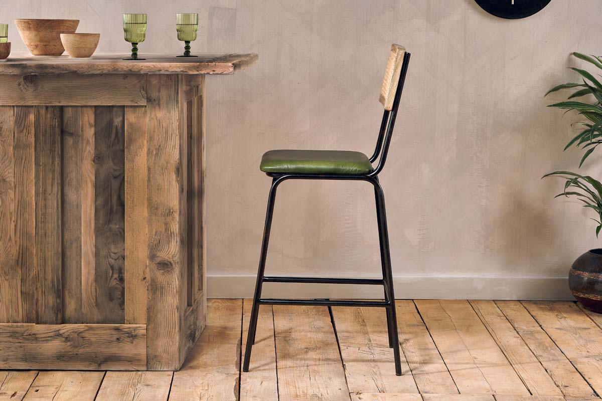 Iswa Leather & Cane Counter Chair - Rich Green