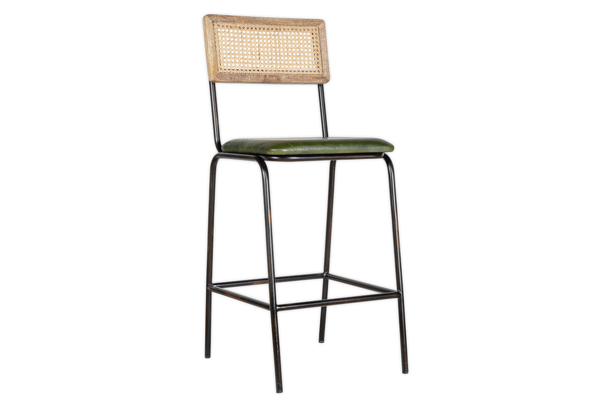 Iswa Leather & Cane Counter Chair - Rich Green