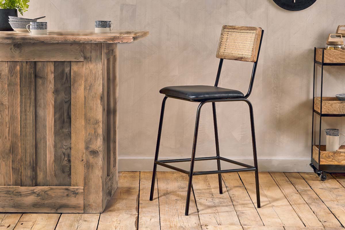 Iswa Leather & Cane Counter Chair - Aged Black