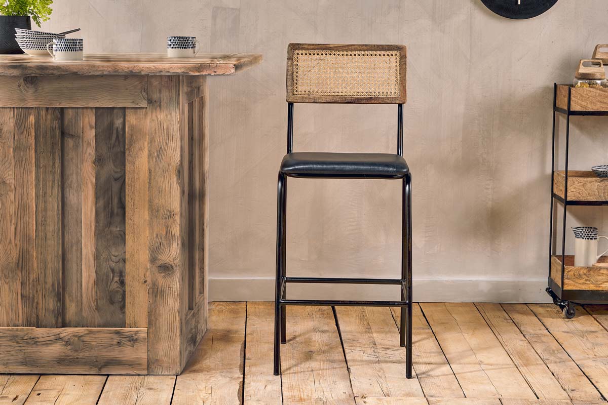 Iswa Leather & Cane Counter Chair - Aged Black