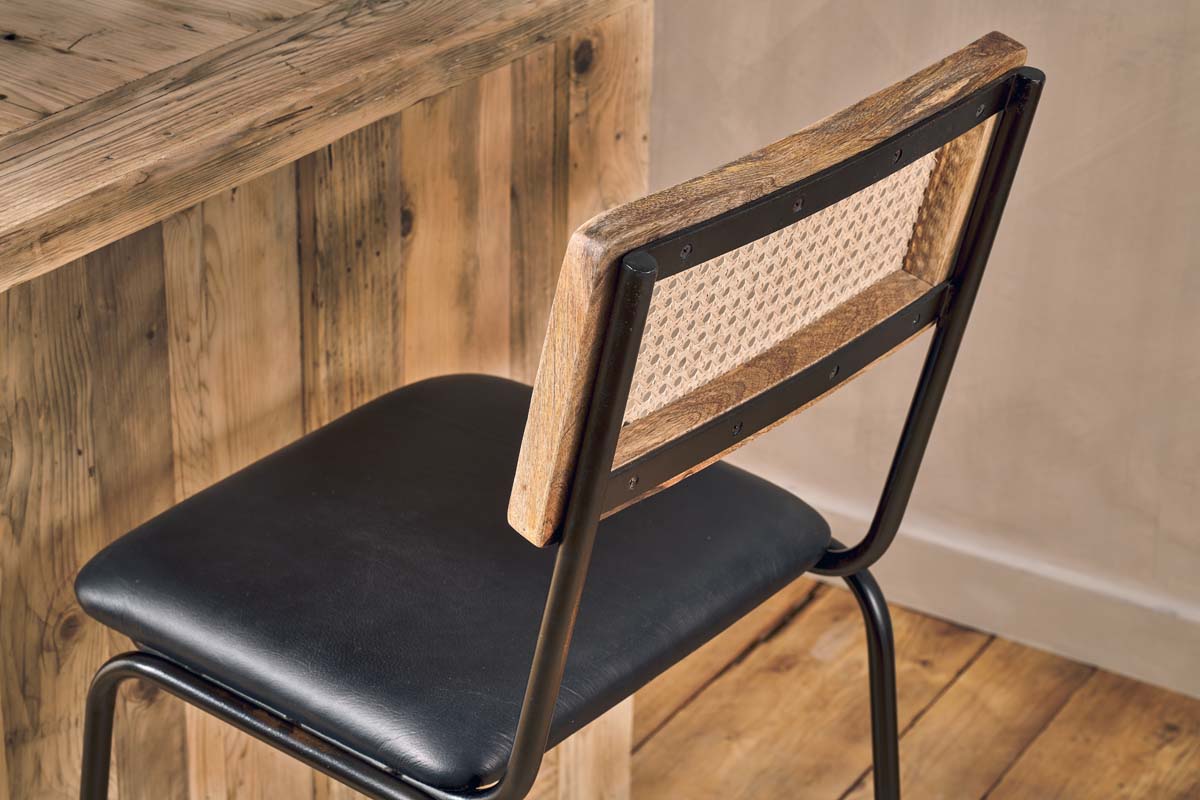 Iswa Leather & Cane Counter Chair - Aged Black