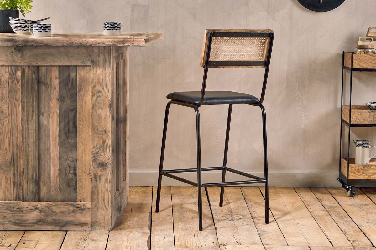 Iswa Leather & Cane Counter Chair - Aged Black