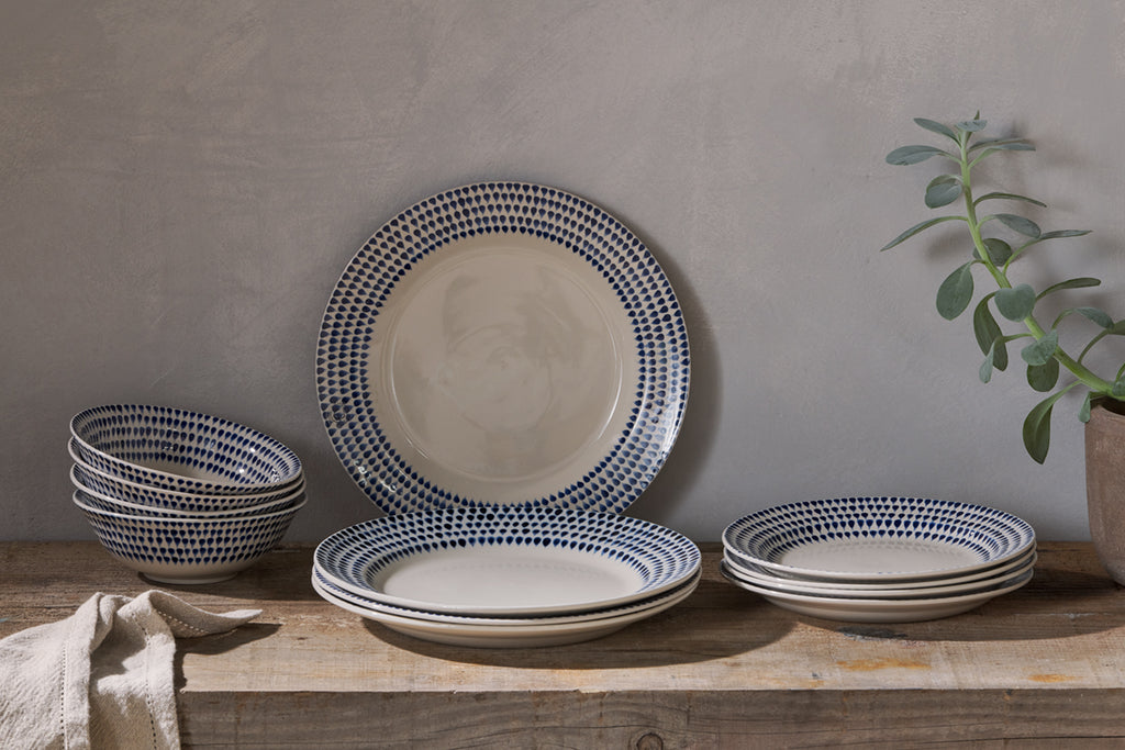 Indigo Drop Dinnerware Set - Cream & Indigo (Set of 12)