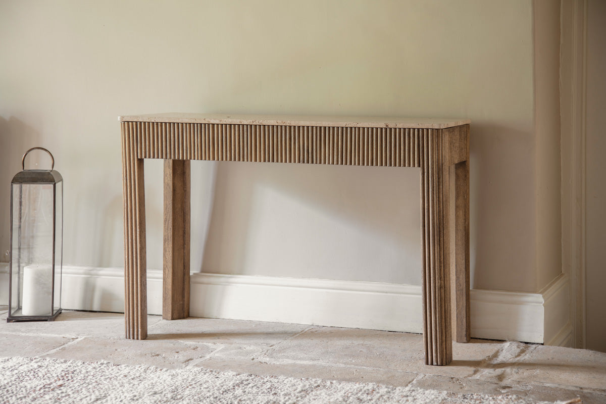 Ira Travertine & Mango Wood Console Table - Natural- nkuku