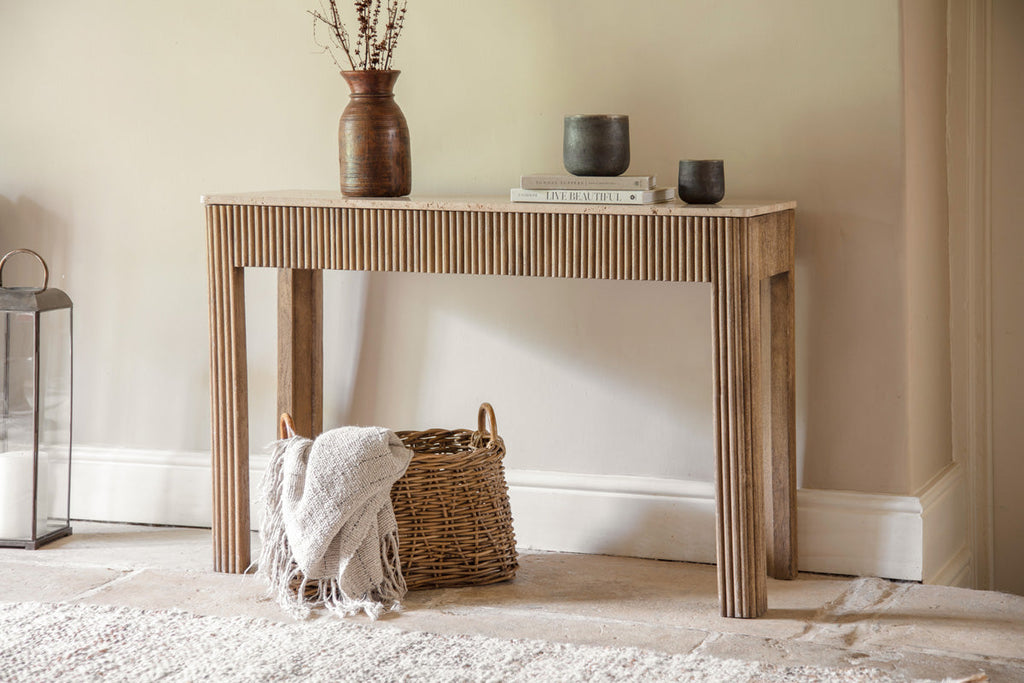 Ira Travertine & Mango Wood Console Table - Natural-nkuku