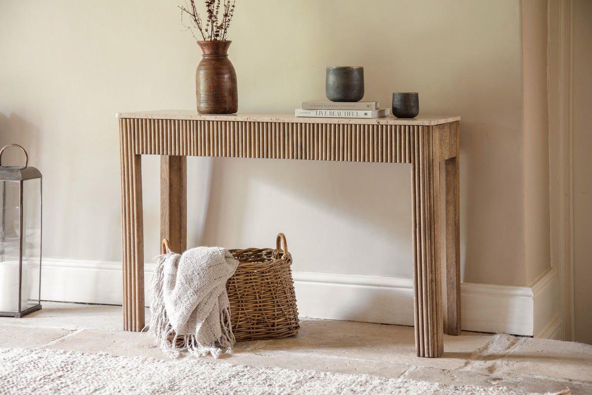 Ira Travertine & Mango Wood Console Table - Natural- nkuku