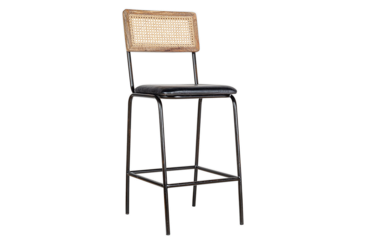 Iswa Leather & Cane Counter Chair - Aged Black-nkuku