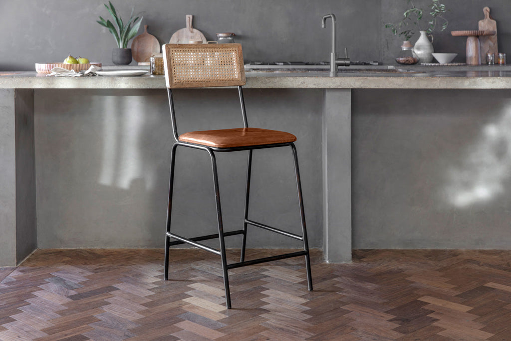 Iswa Leather & Cane Counter Chair - Aged Tan-nkuku