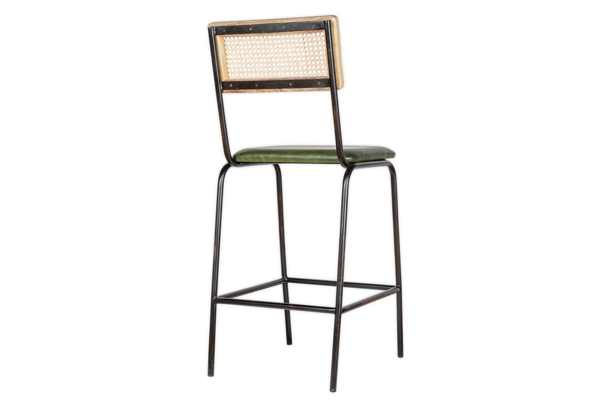 Iswa Leather & Cane Counter Chair - Rich Green-nkuku