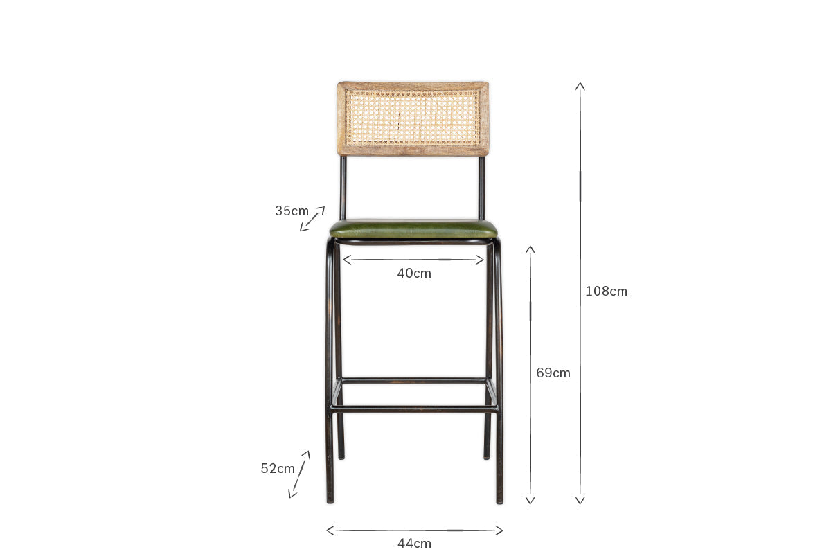 Iswa Leather & Cane Counter Chair - Rich Green-nkuku