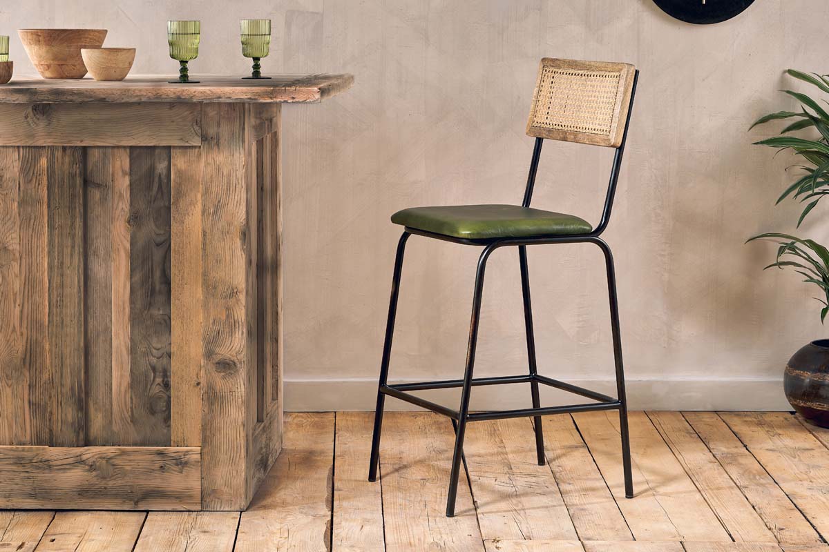 Iswa Leather & Cane Counter Chair - Rich Green-nkuku