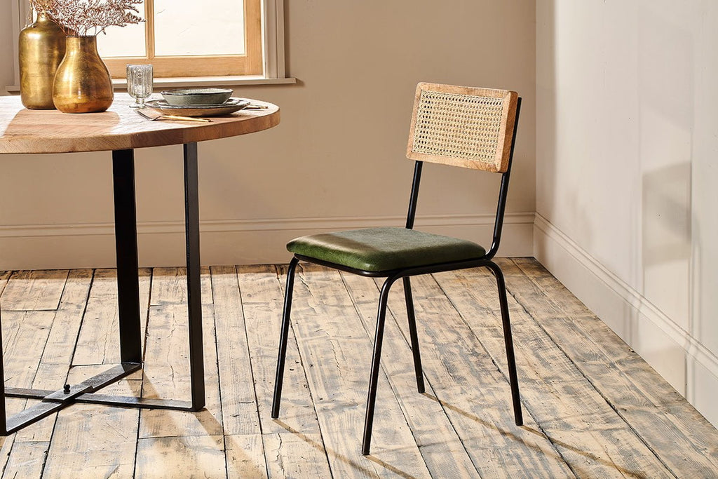 Iswa Leather & Cane Dining Chair - Green-nkuku