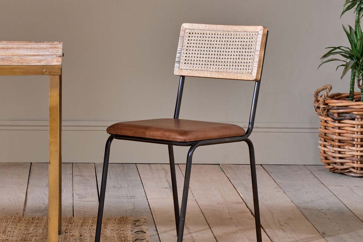 Iswa Leather & Cane Dining Chair - Tan-nkuku