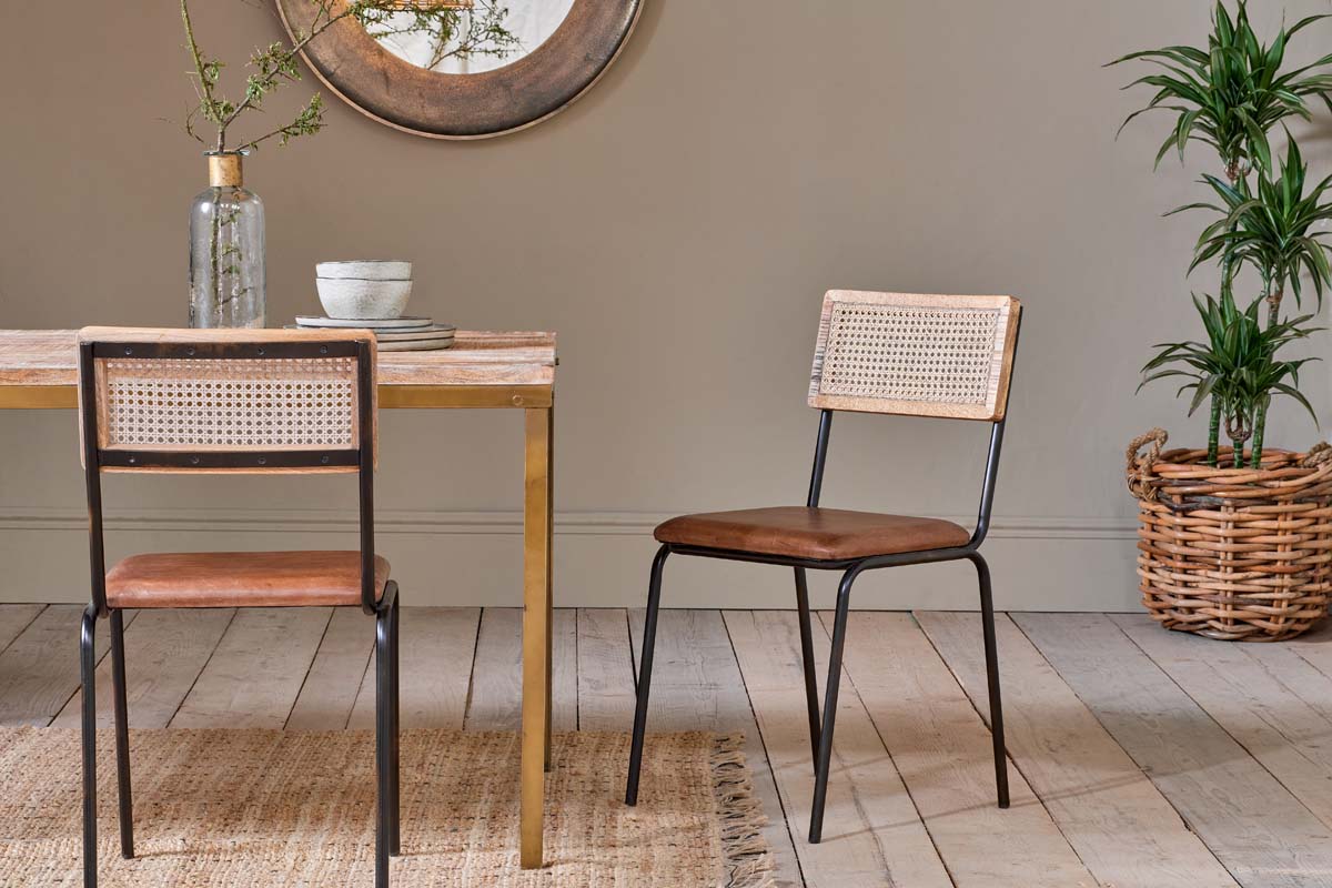 Iswa Leather & Cane Dining Chair - Tan-nkuku