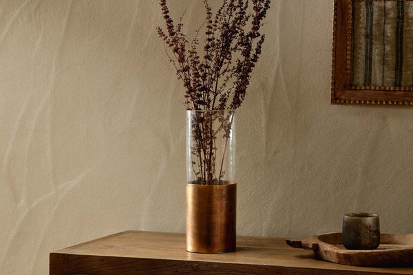 Khila Metal & Glass Vase - Clear & Antique Brass