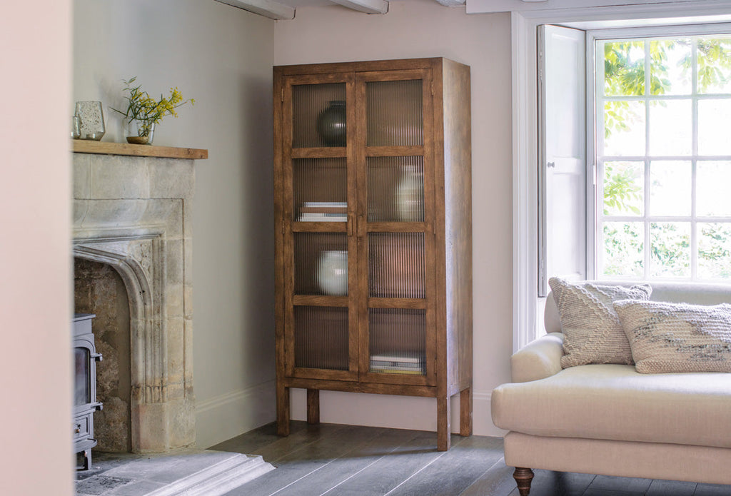 Mendani Mango Wood & Fluted Glass Cabinet - Walnut Stain-nkuku