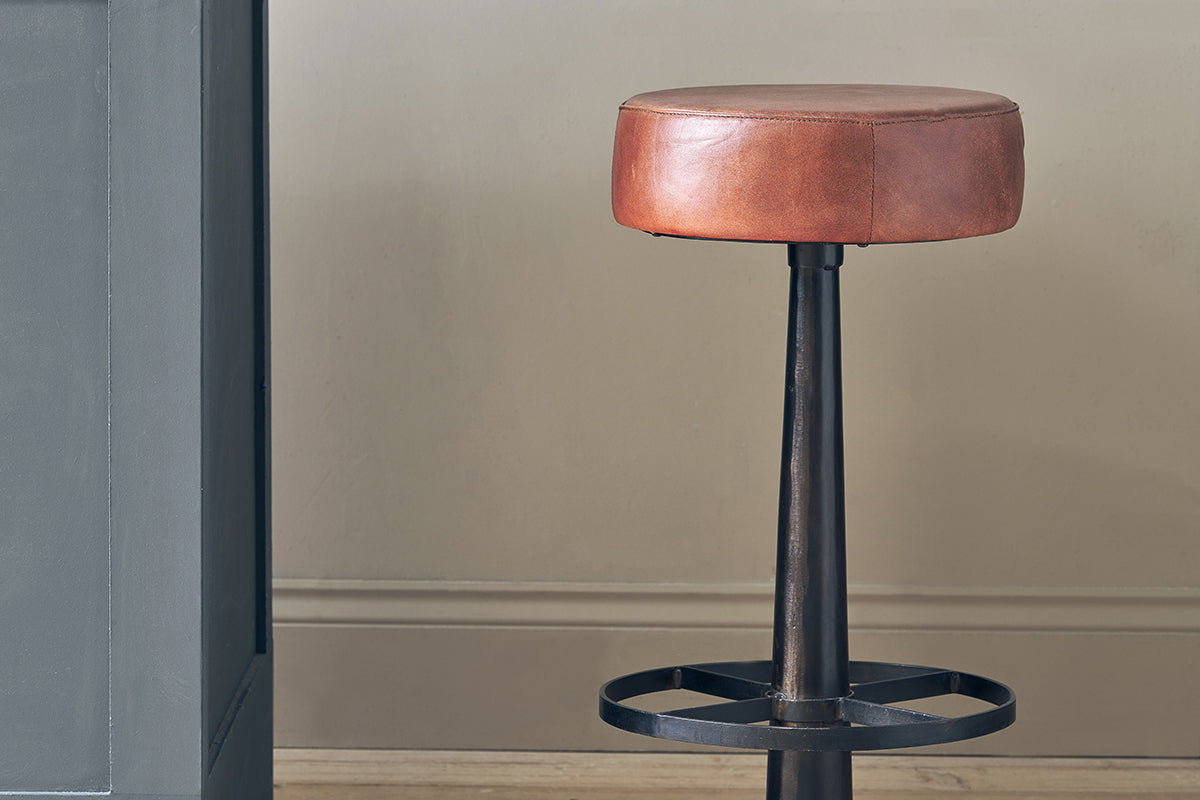 Narwana Leather Round Stool - Chocolate Brown