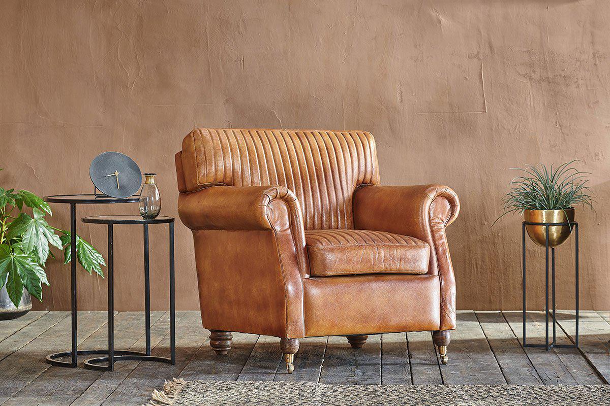 Narwana Ribbed Leather Armchair - Aged Tan- nkuku