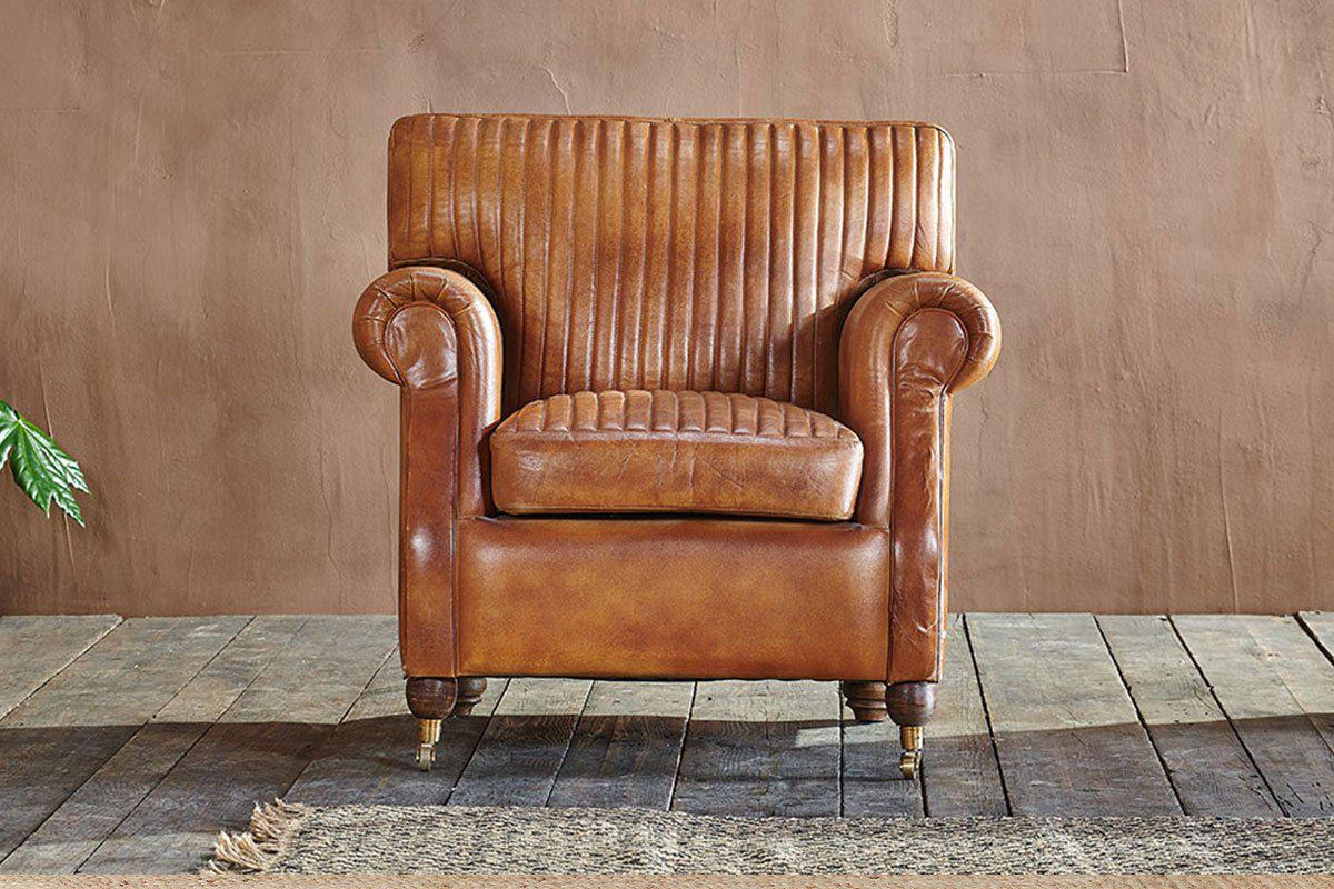 Narwana Ribbed Leather Armchair - Aged Tan- nkuku