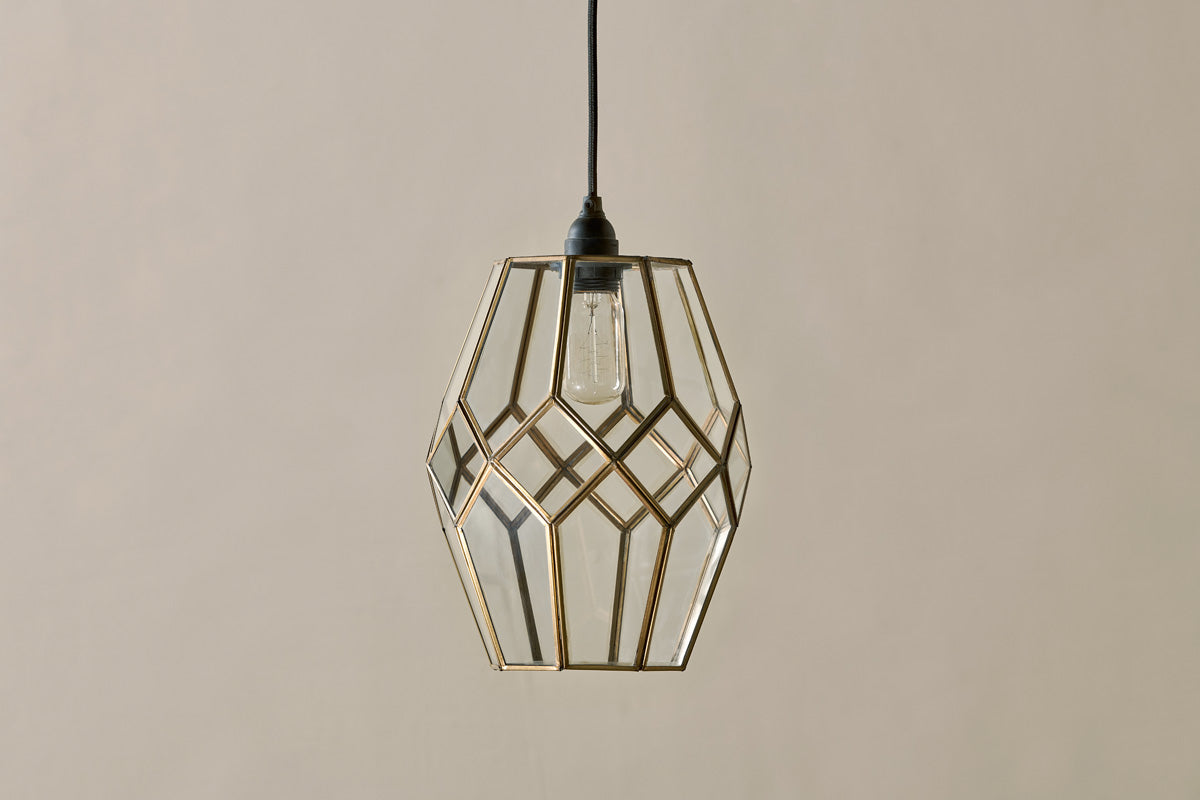 Nazat Panelled Glass Easy Fit LampShade - Clear & Antique Brass-nkuku