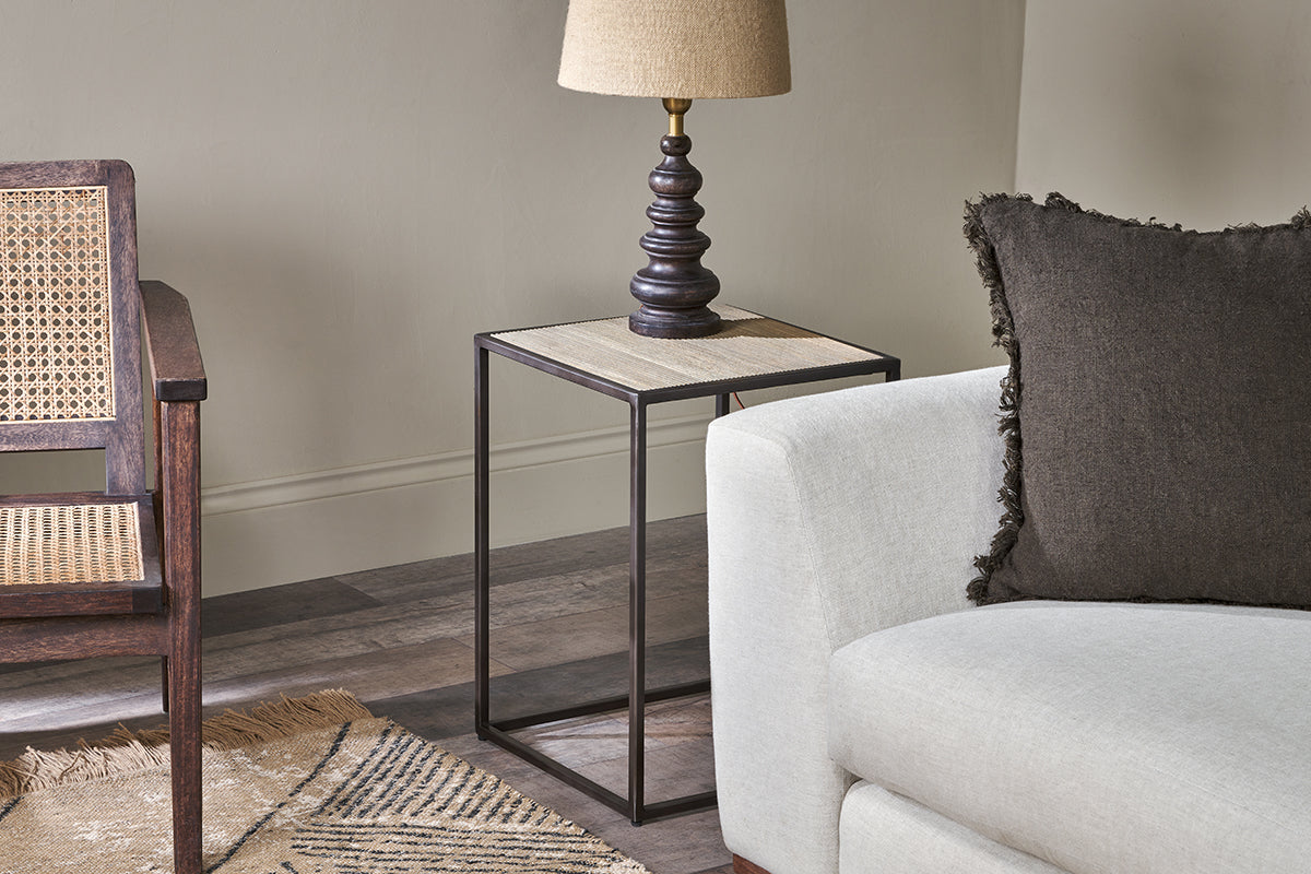 Rishin Grooved Wood Side Table - Natural & Gun Metal