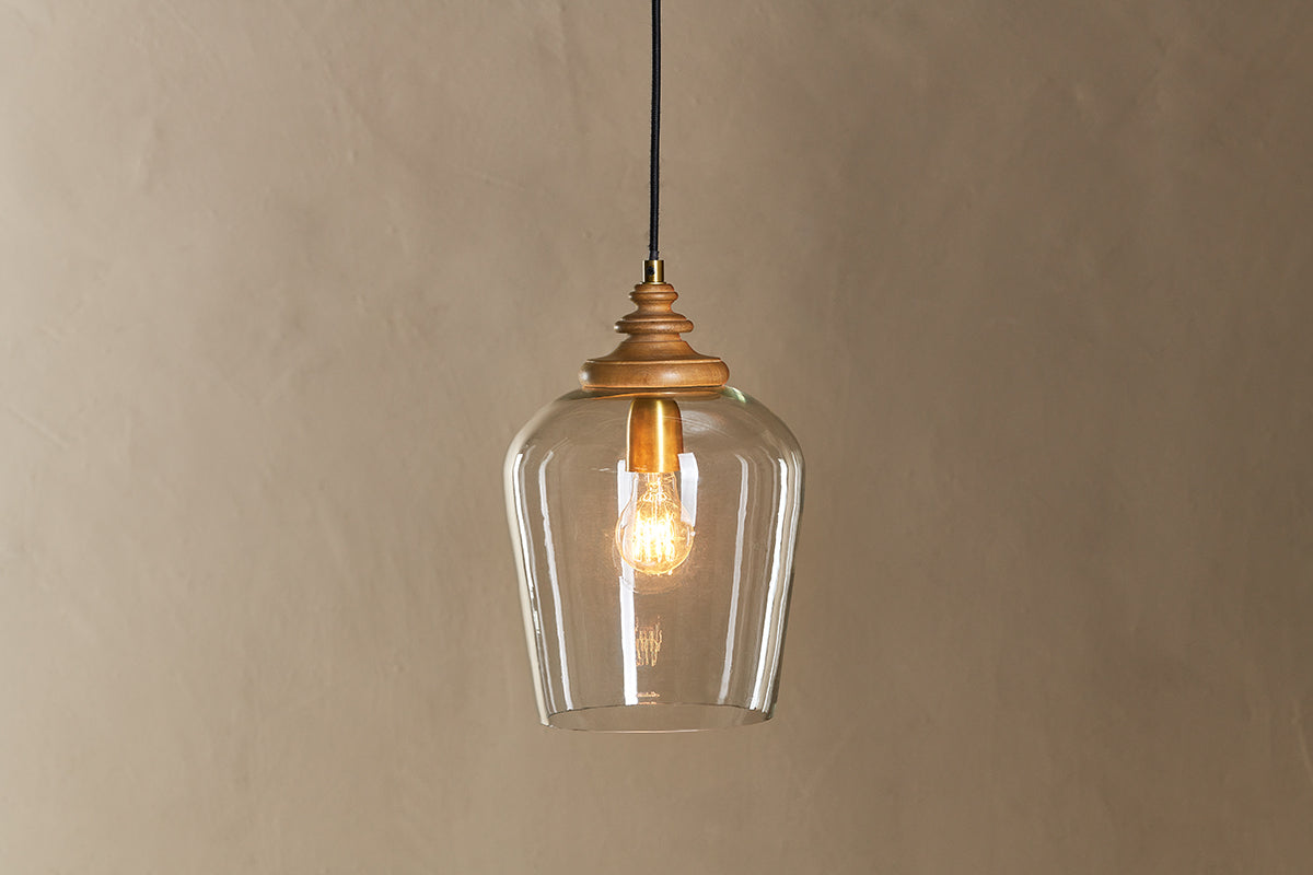 Varuna Mango Wood & Glass Pendant Lamp - Natural & Clear