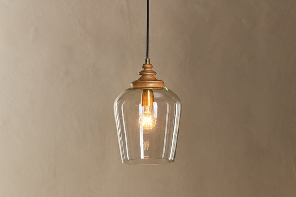 Varuna Mango Wood & Glass Pendant Lamp - Natural & Clear