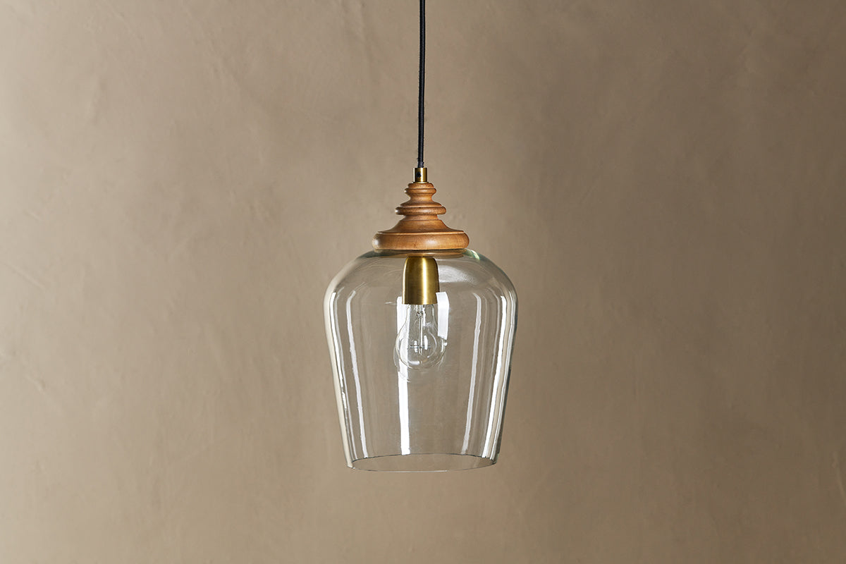 Varuna Mango Wood & Glass Pendant Lamp - Natural & Clear-nkuku