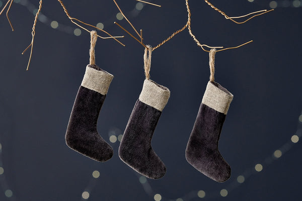 nkuku CHRISTMAS DECORATIONS Karru Cotton Velvet Mini Stocking - Charcoal - (Set of 3)